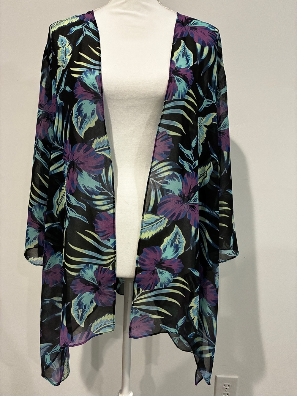 Colleen Lopez Tropical Floral Kimono Cardigan Open Front Cover Up Blue Medium